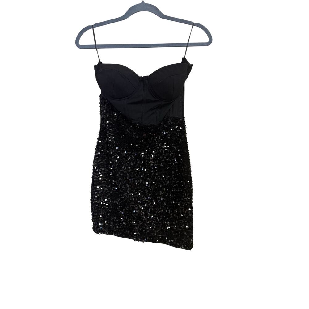 FASHION NOVA ASYMETRICAL BLACK SEQUIN CORSET BUSTIER MINI DRESS MEDIUM PARTY
